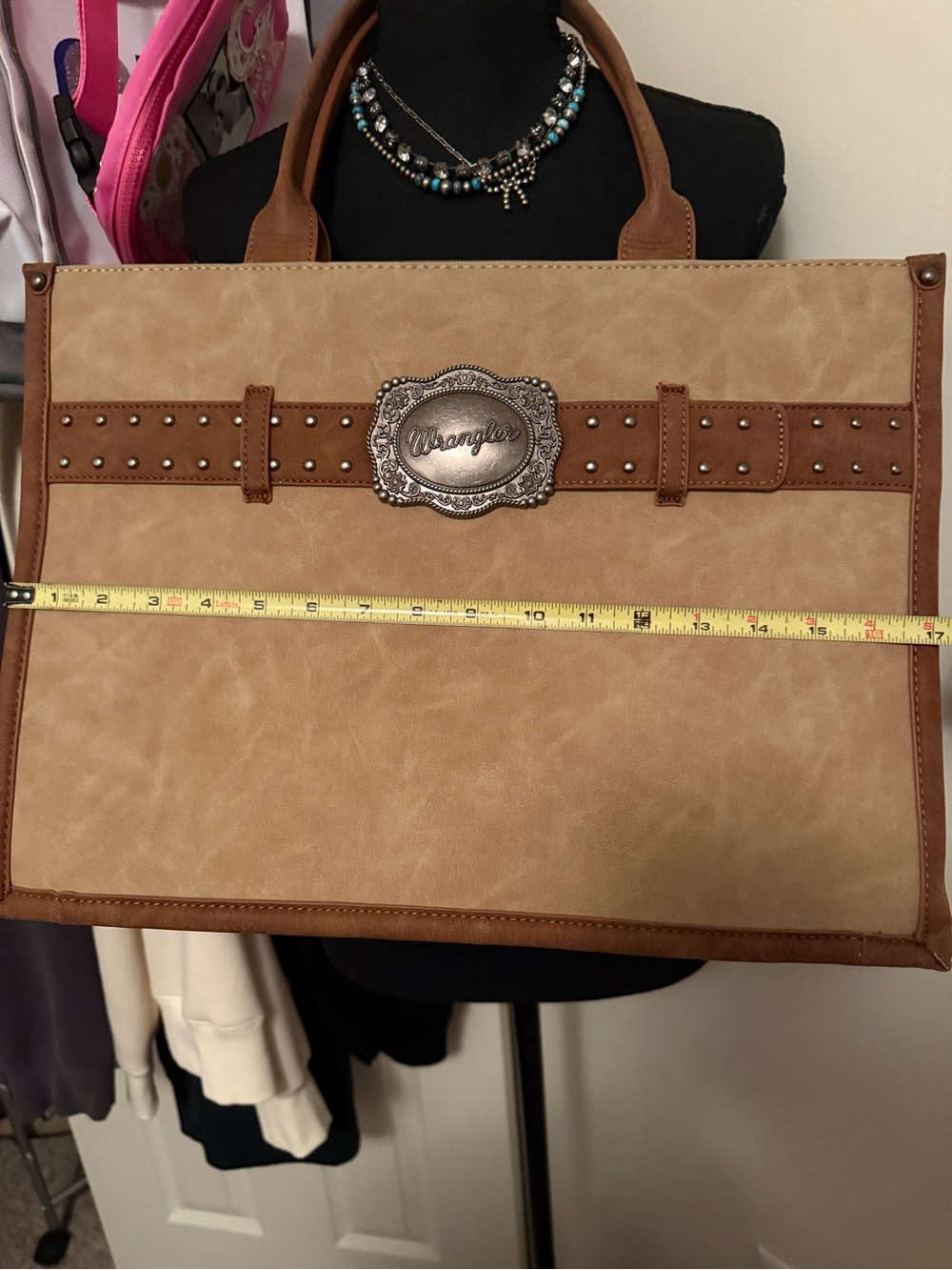 Wrangler Tan and Brown Studded Tote with Belt Accent - Picture 5 of 8